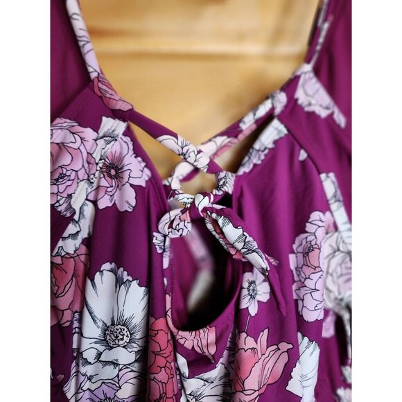 Plus Sz Freshwater Purple Floral Surplice Cross Lace Back One-Piece Swimsuit 3X - Picture 4 of 13